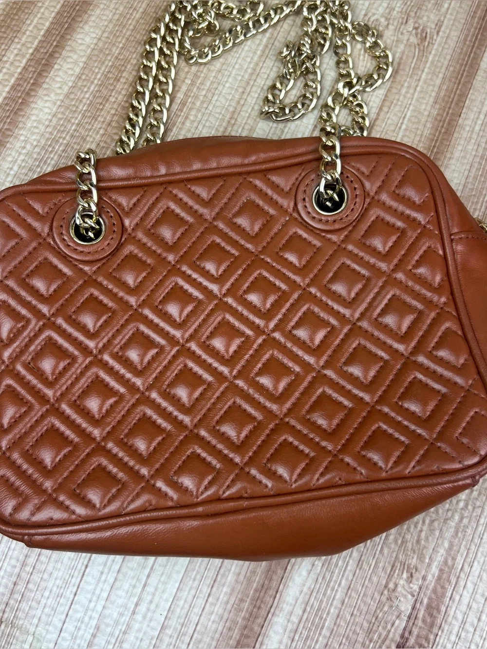 Tory Burch Marion Fleming Camera Bag Brown Purse Quilted Crossbody Gold Chain
